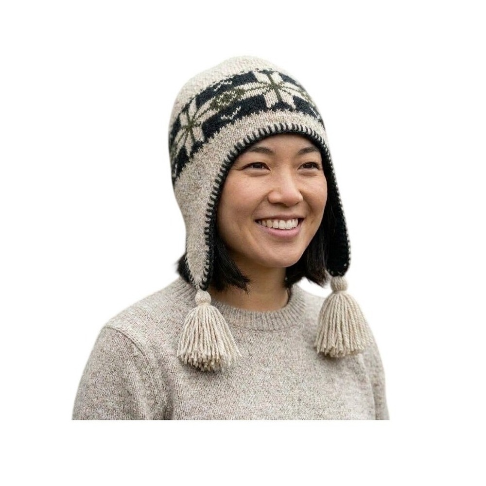 Turtle Fur Knit Earflap Beanie Hat Nordic Print Tan Black Fleece Lined OS